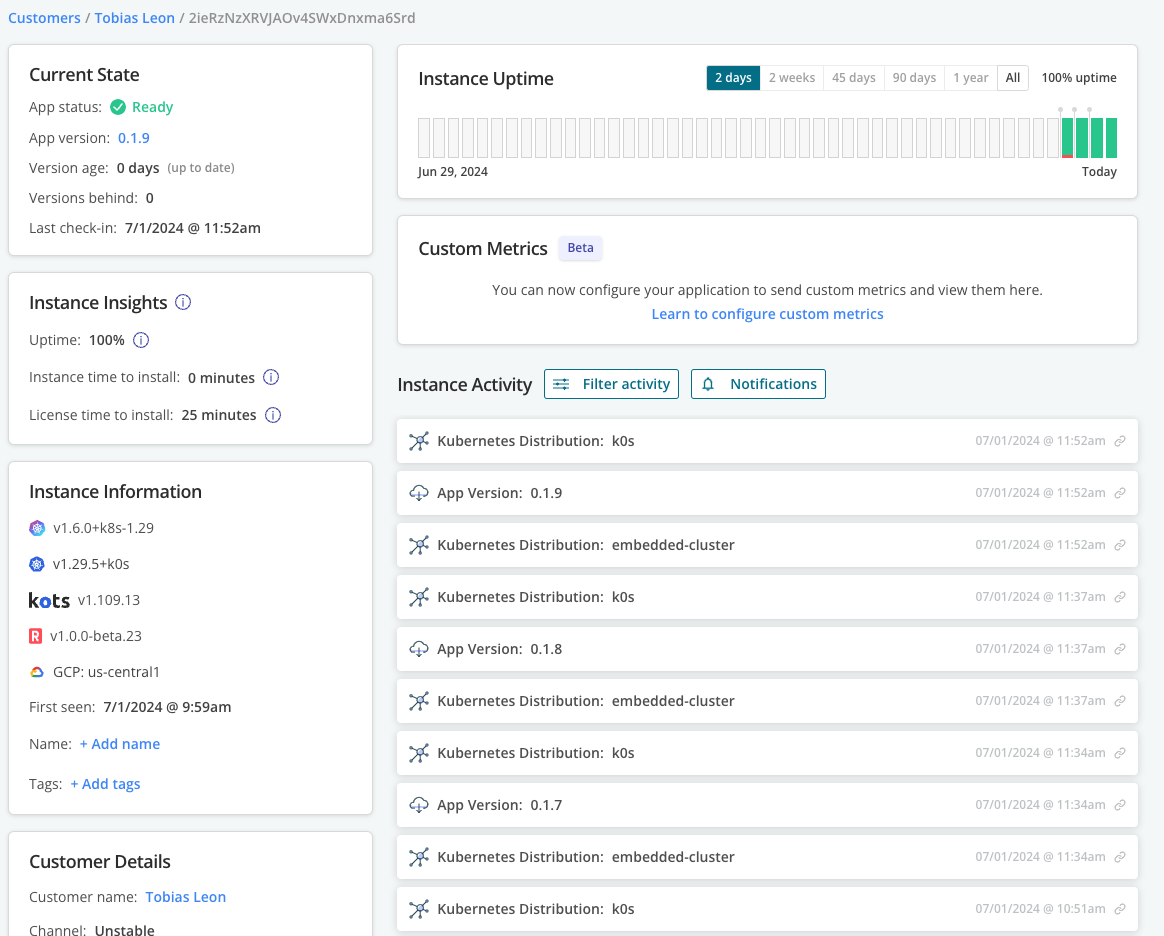 Customer instance details page