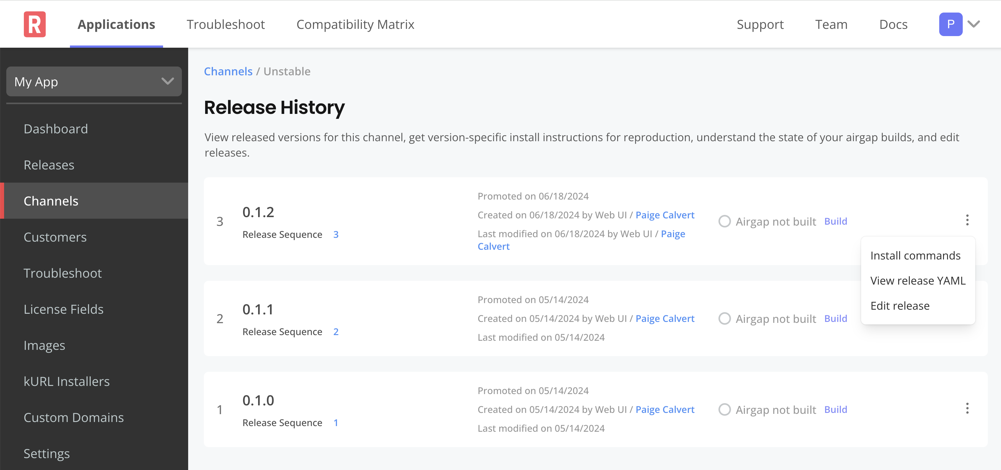 Release history page in the Vendor Portal